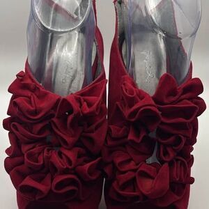 Qupid Red Ruffle Peep Toe Platform Heels - 6